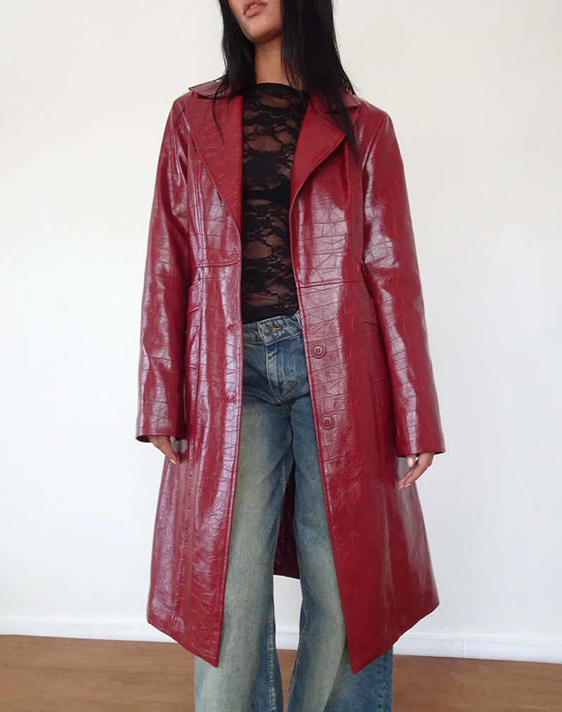 Abigail Coat in Matte PU Croc Burgundy - Image 2