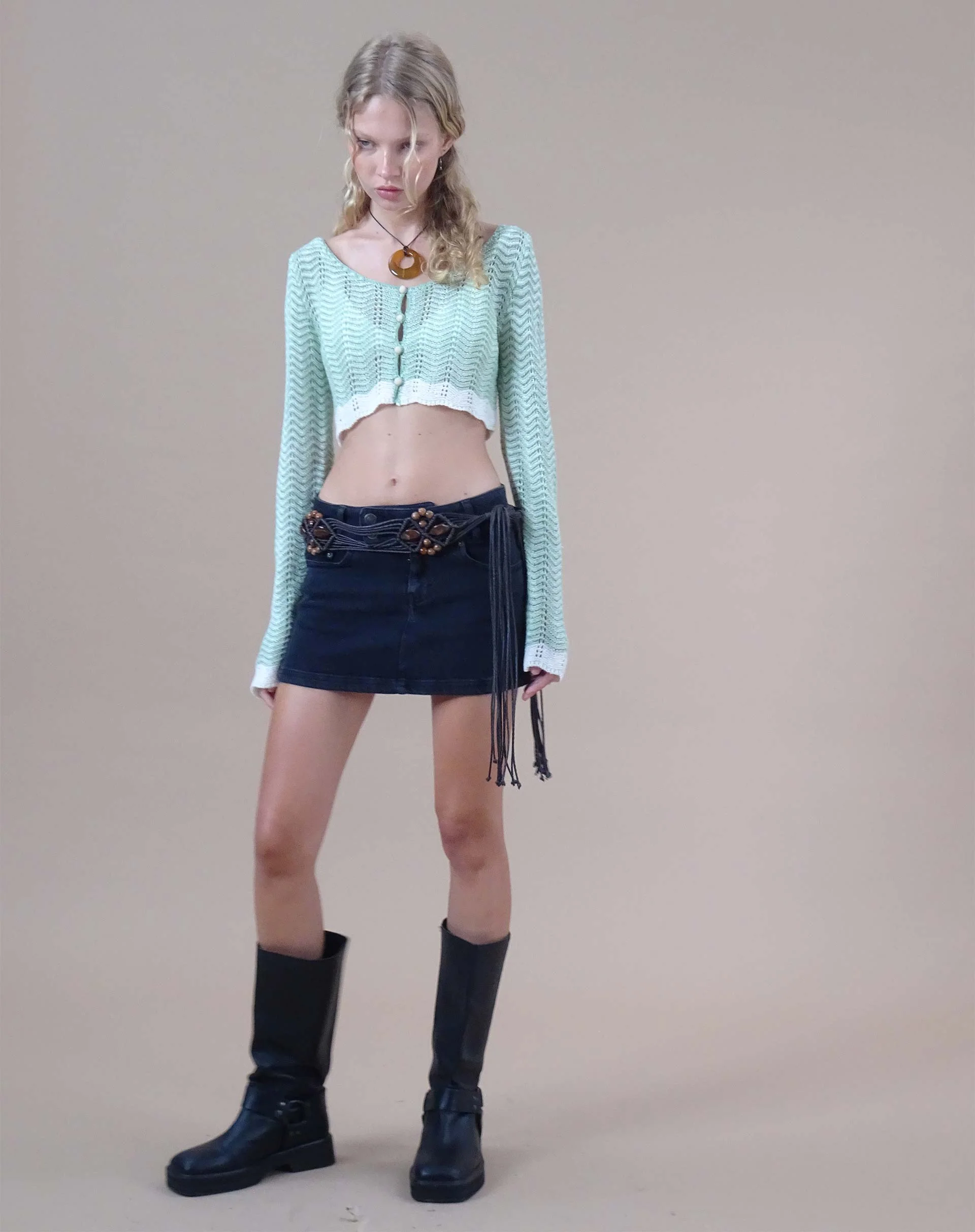 Aesha Cropped Cardigan in Sage Cream - Image 3