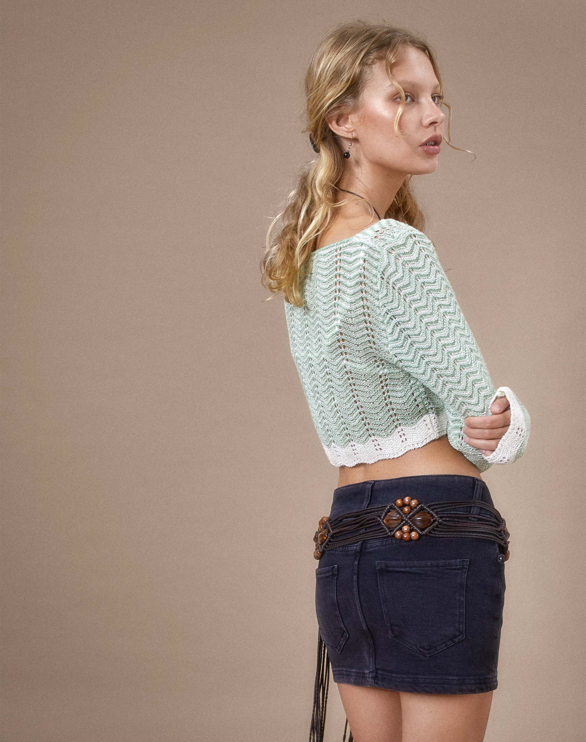 Aesha Cropped Cardigan in Sage Cream - Image 4