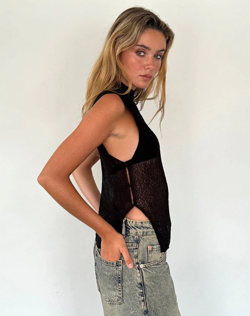 Agnes Sleeveless Sheer Knit Tank in Black - Image 3