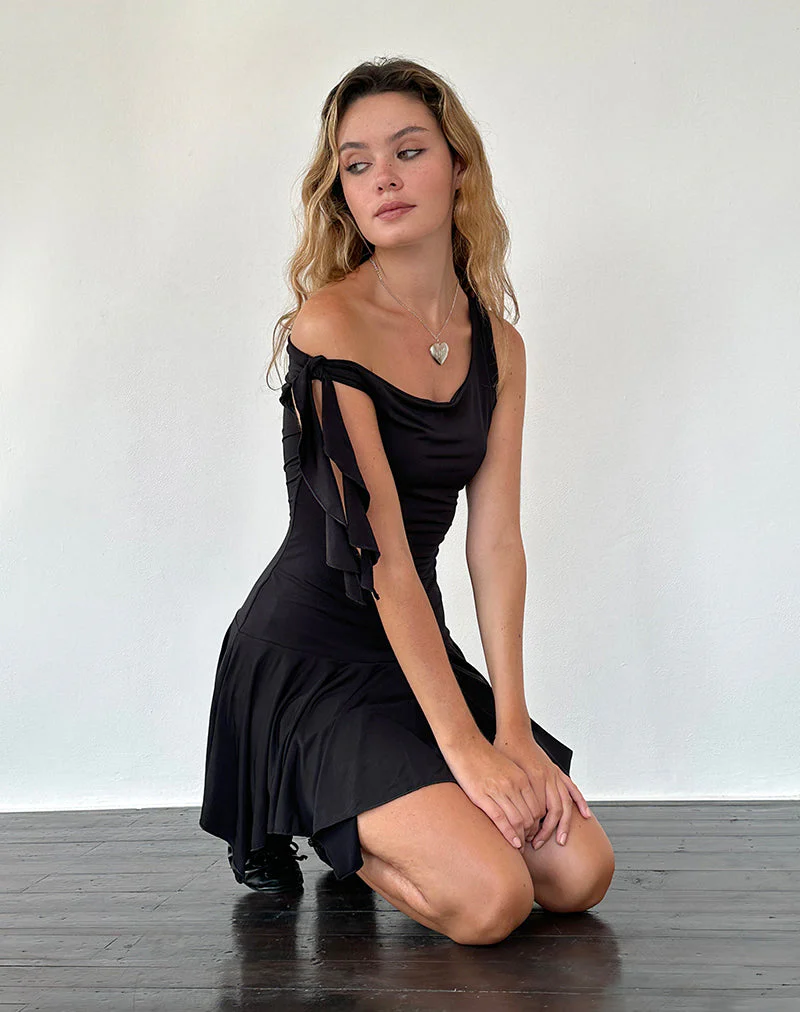 Alba Mini Asymmetric Ruffle Dress in Black - Image 3