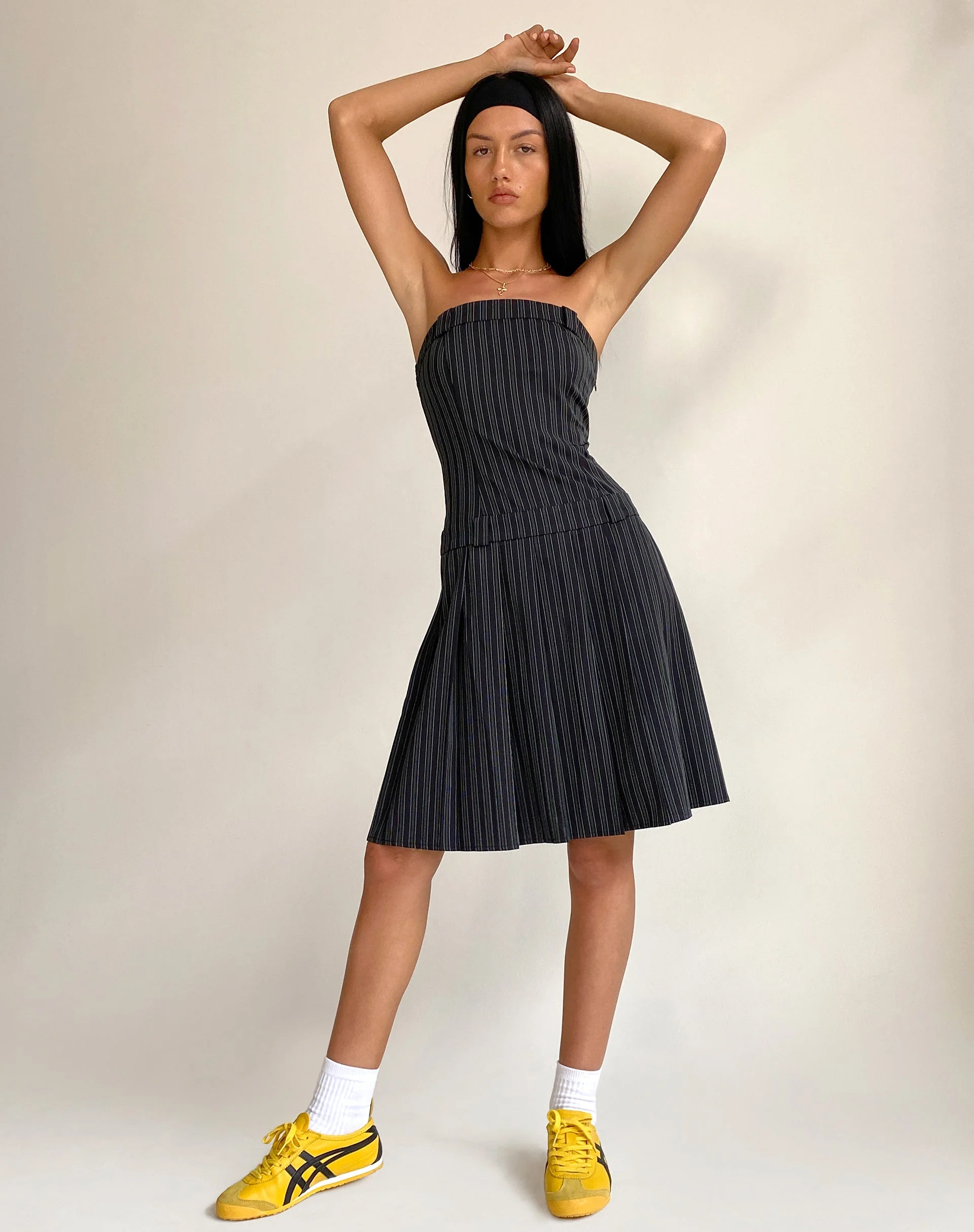 Aldari Bandeau Midi Dress in Tailoring Black Pinstripe - Image 4