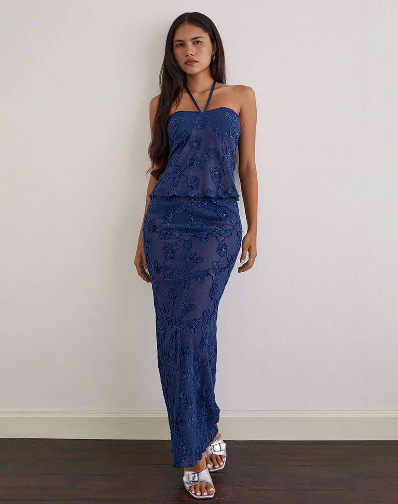Alphia Maxi Skirt in Sequin Knit Navy - Image 3