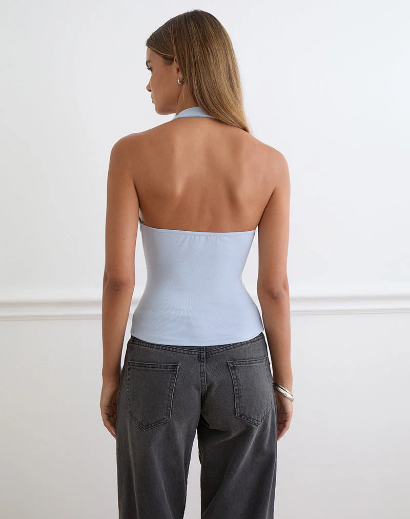 Amita Top with Pearl Buttons in Rib Knit Dusty Blue - Image 4