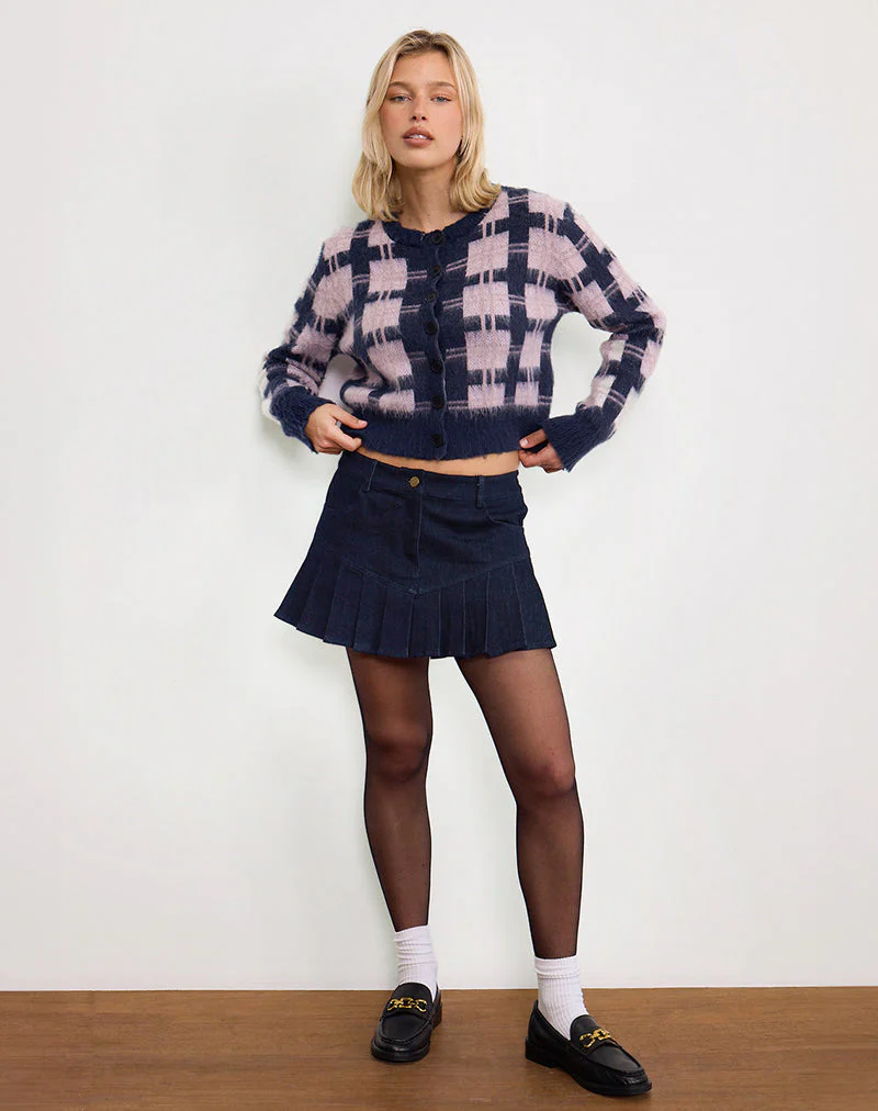Anzio Button Up Cardigan In Multi Check Navy and Pink - Image 6