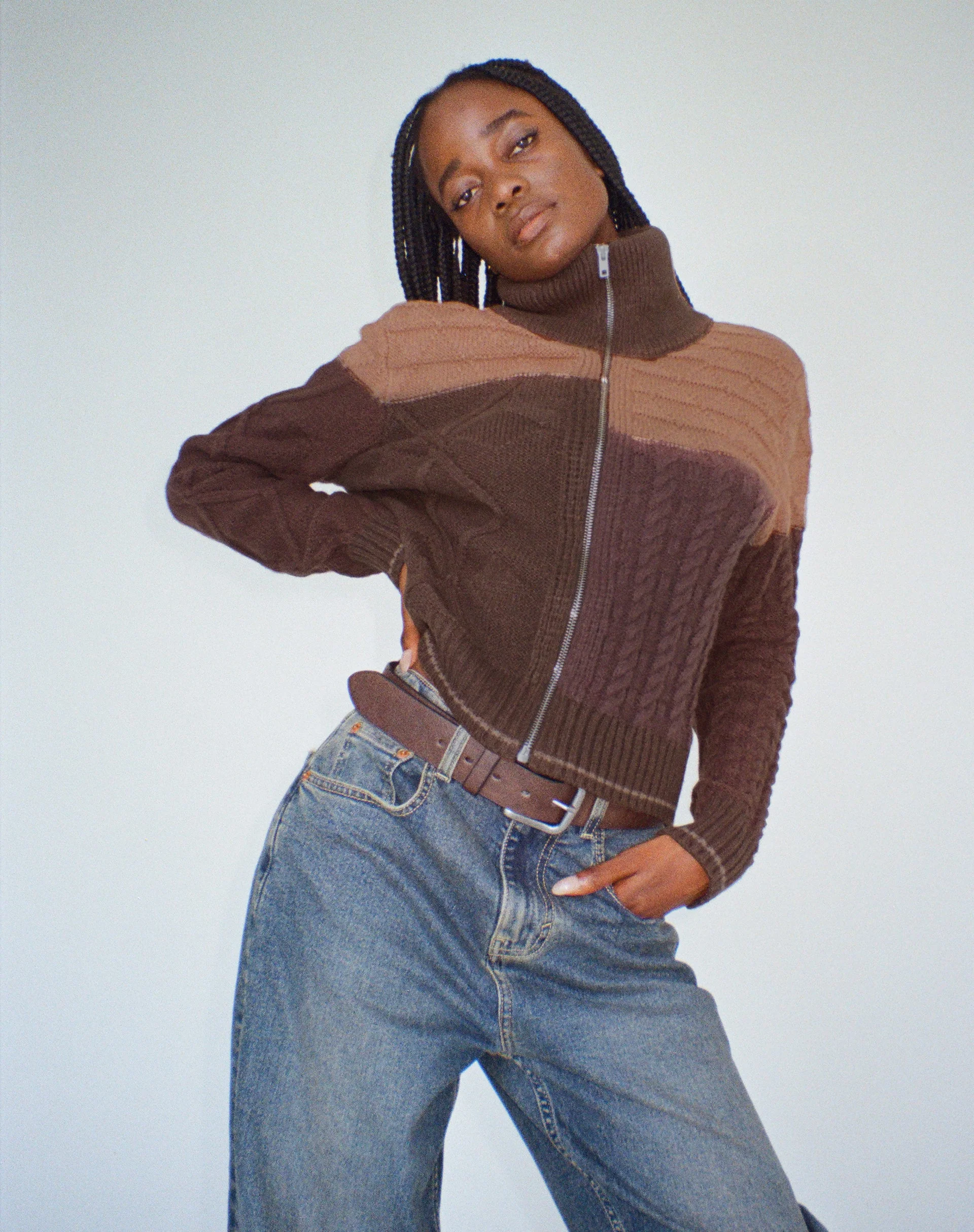 Arelius Knitted Jacket in Tonal Brown - Image 2