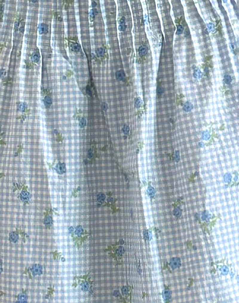 Asada Midi Skirt in Blue Flower Gingham - Image 5