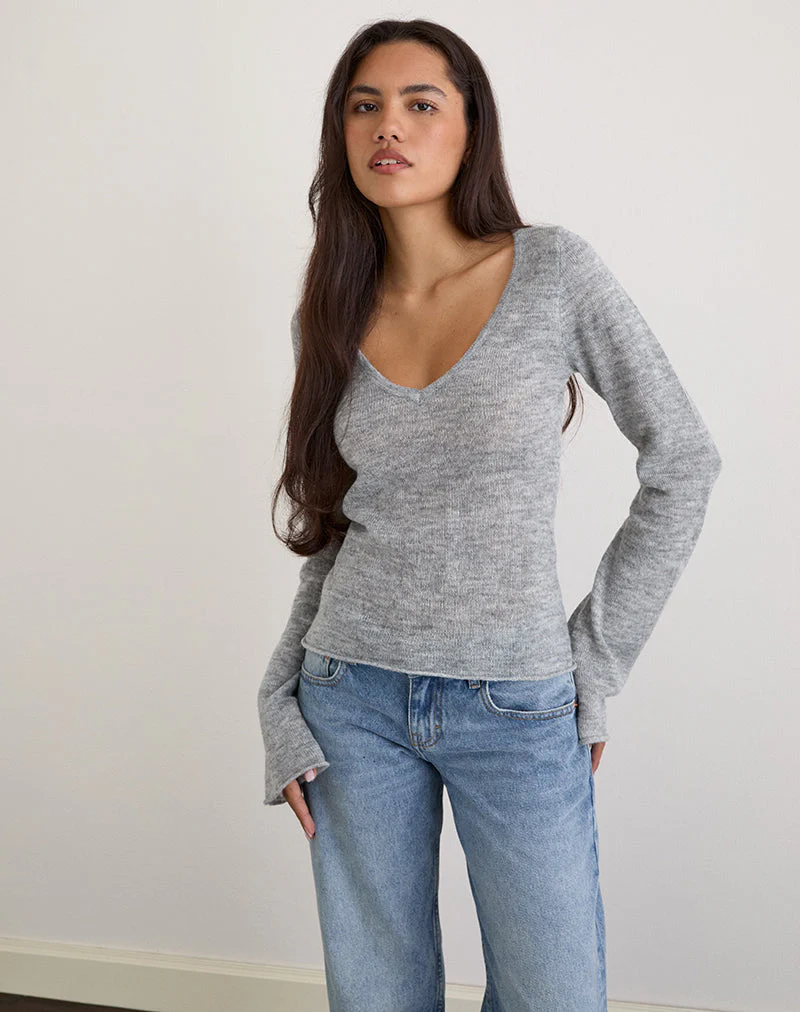 Ashla Long Sleeve Top in Sheer Knit Grey - Image 2