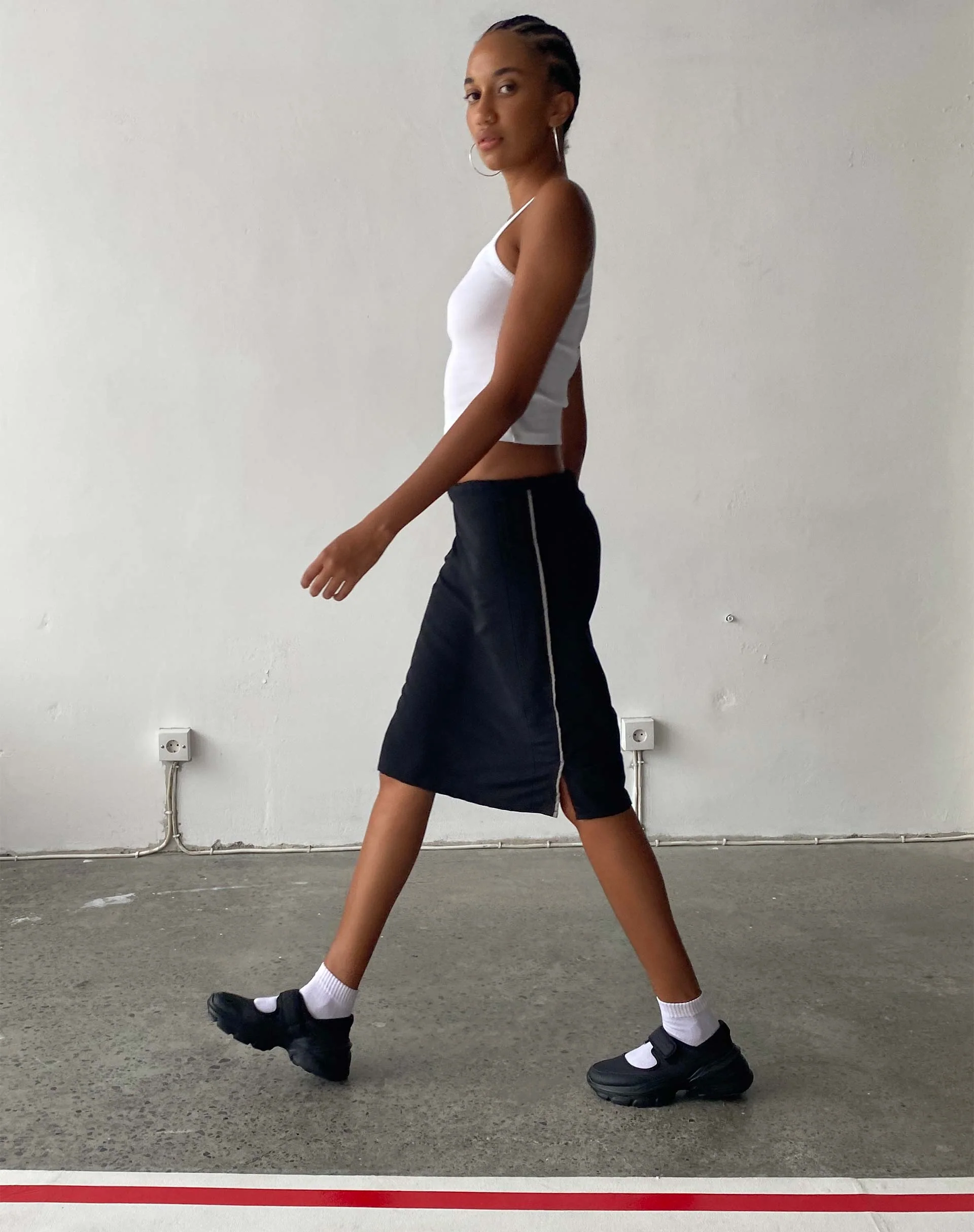 Ashlyn Cargo Midi Skirt in Black with White Stripe - Image 2