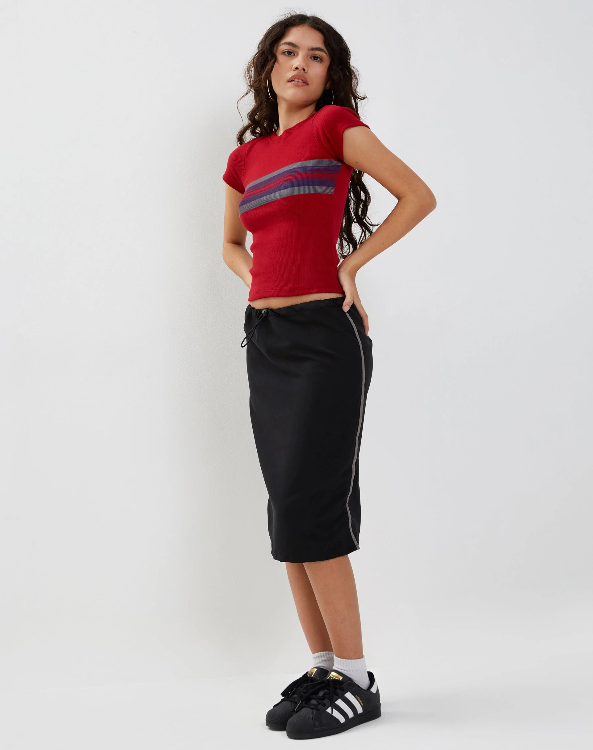 Ashlyn Cargo Midi Skirt in Black with White Stripe - Image 4