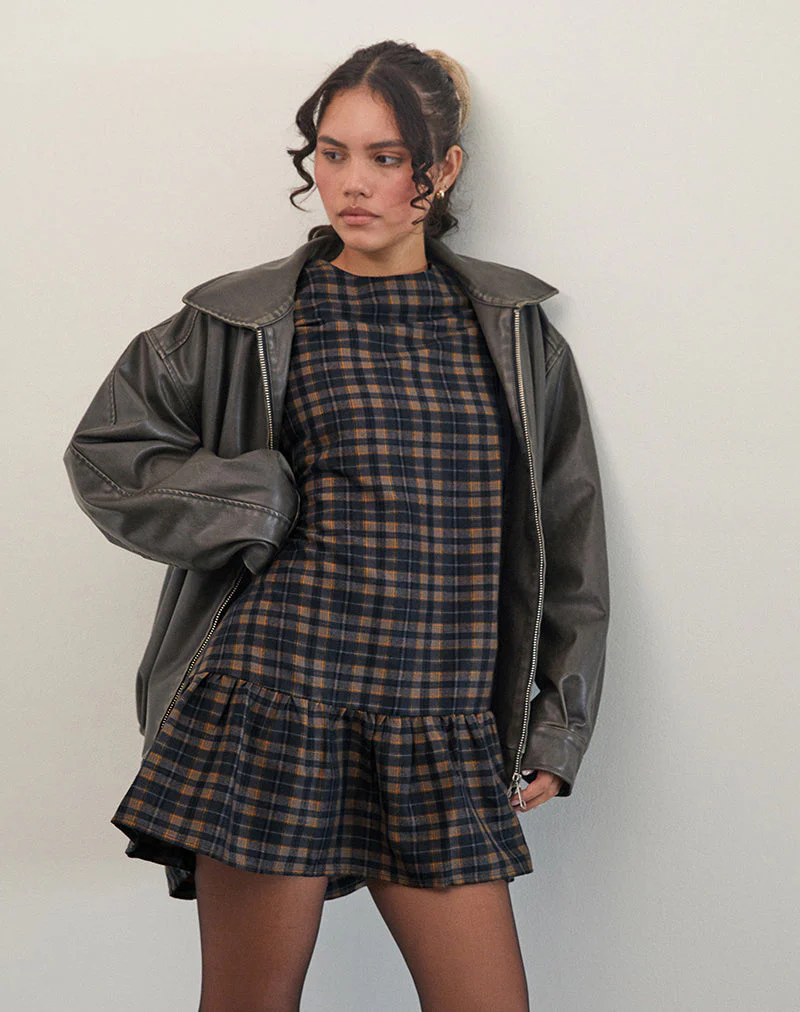 Asterin Mini Smock Dress in Navy Mustard Check - Image 5