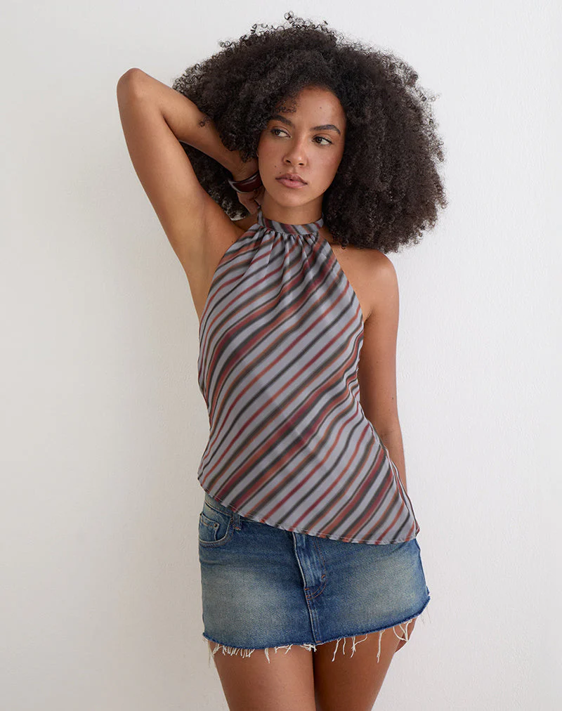 Astina Halterneck Top in Chiffon Grey and Maroon Diagonal Stripe - Image 4
