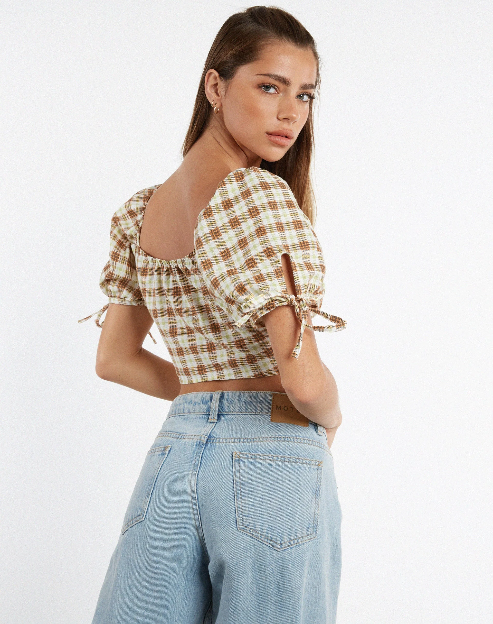 Auri Crop Top in Yellow Brown Check - Image 3
