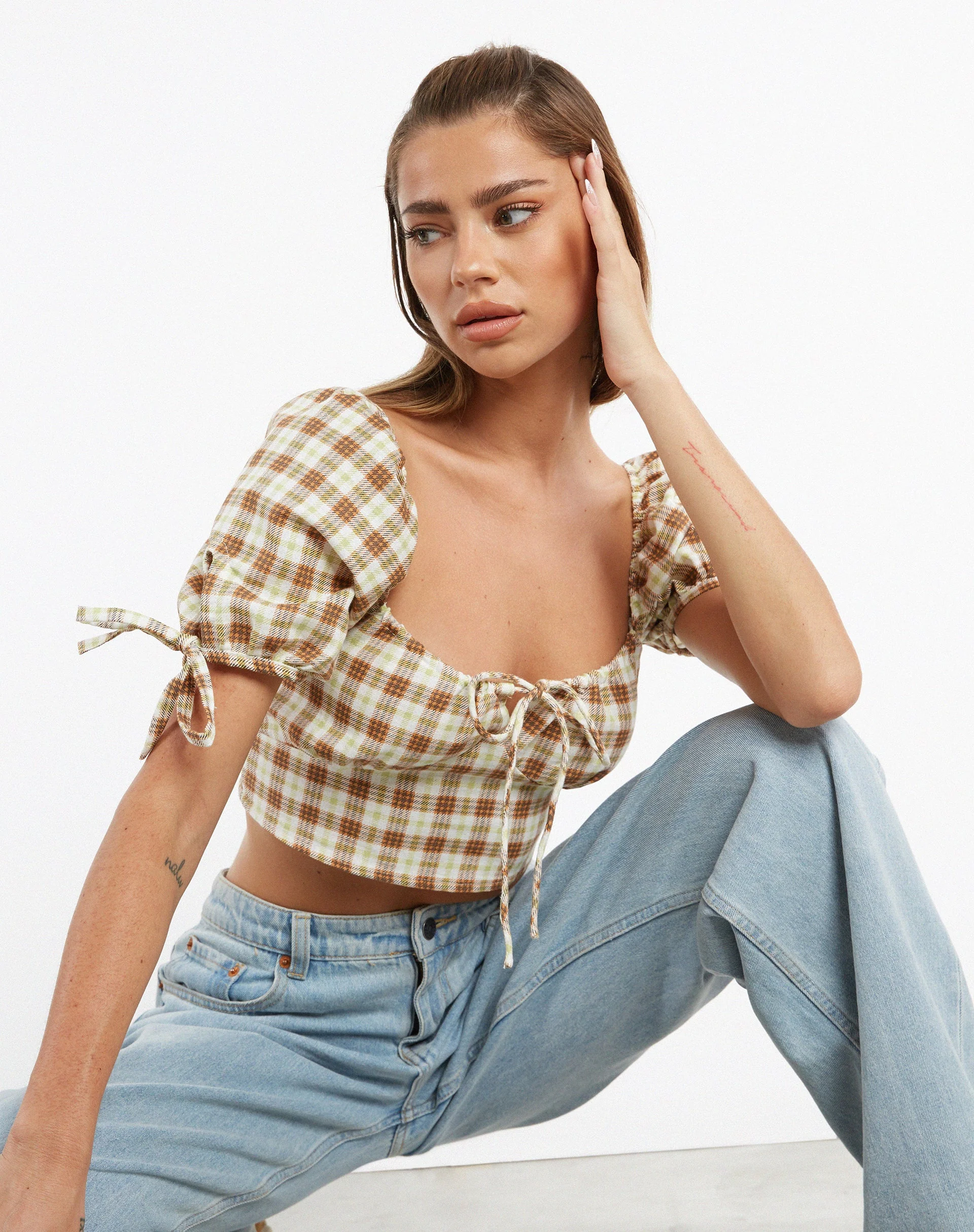 Auri Crop Top in Yellow Brown Check - Image 5