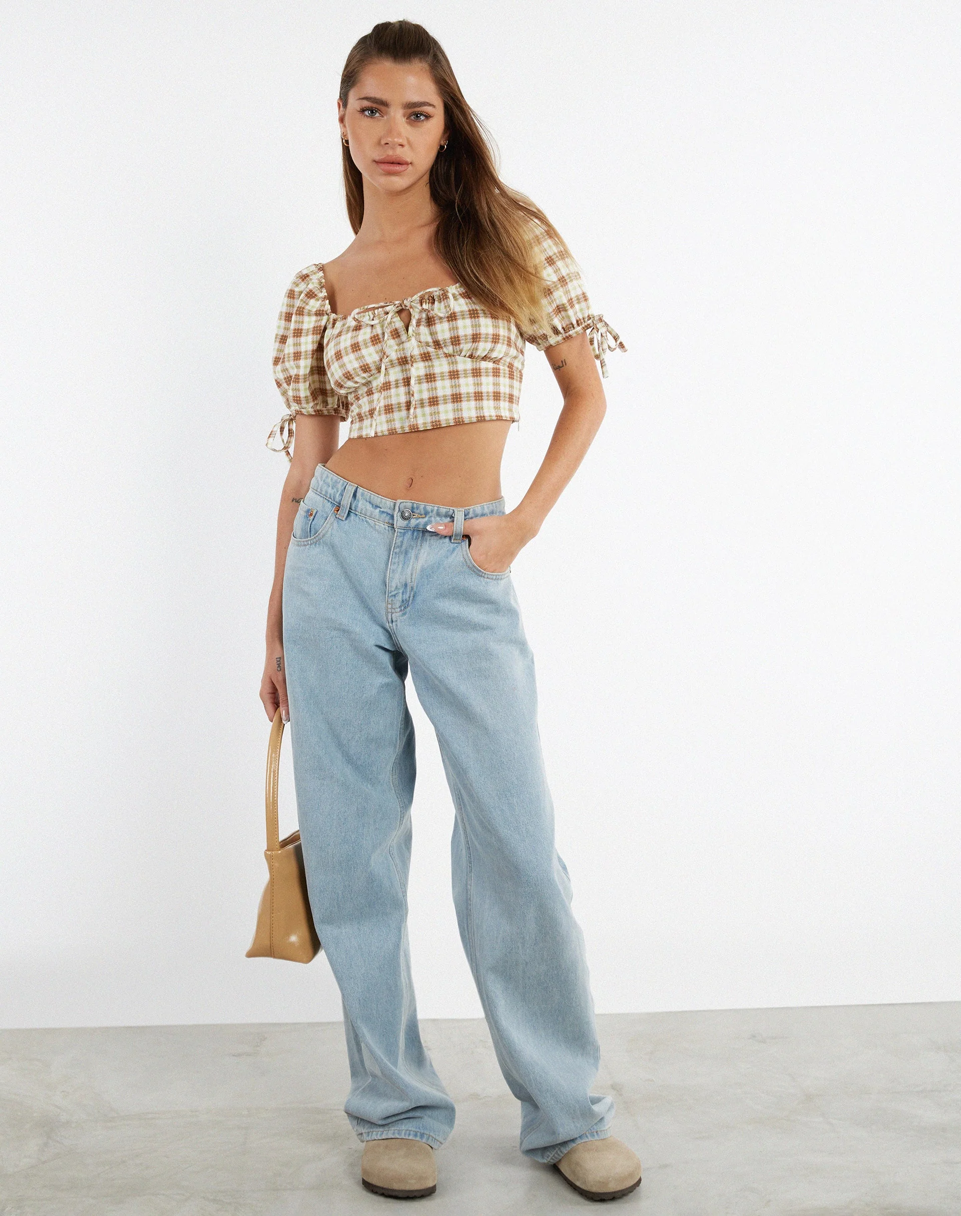 Auri Crop Top in Yellow Brown Check - Image 7
