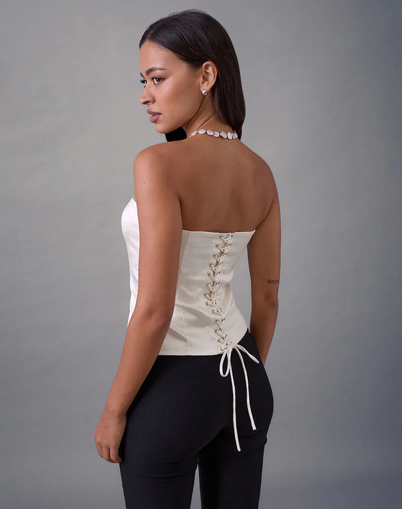 Ayaka Lace Up Corset Top in Satin Jacquard Ivory - Image 2