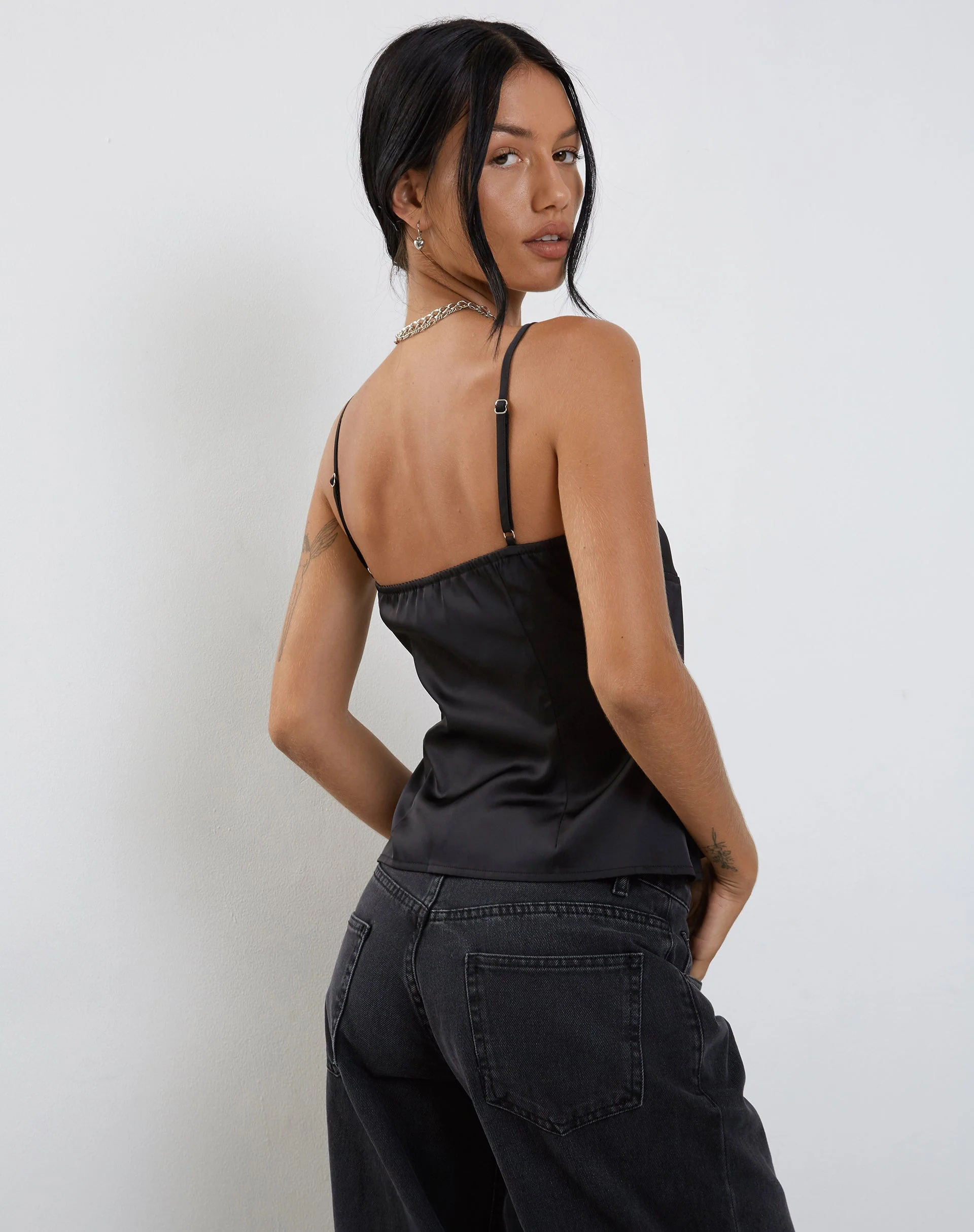 Bahela Tie Front Cami Top in Black with Blue Lace - Image 3
