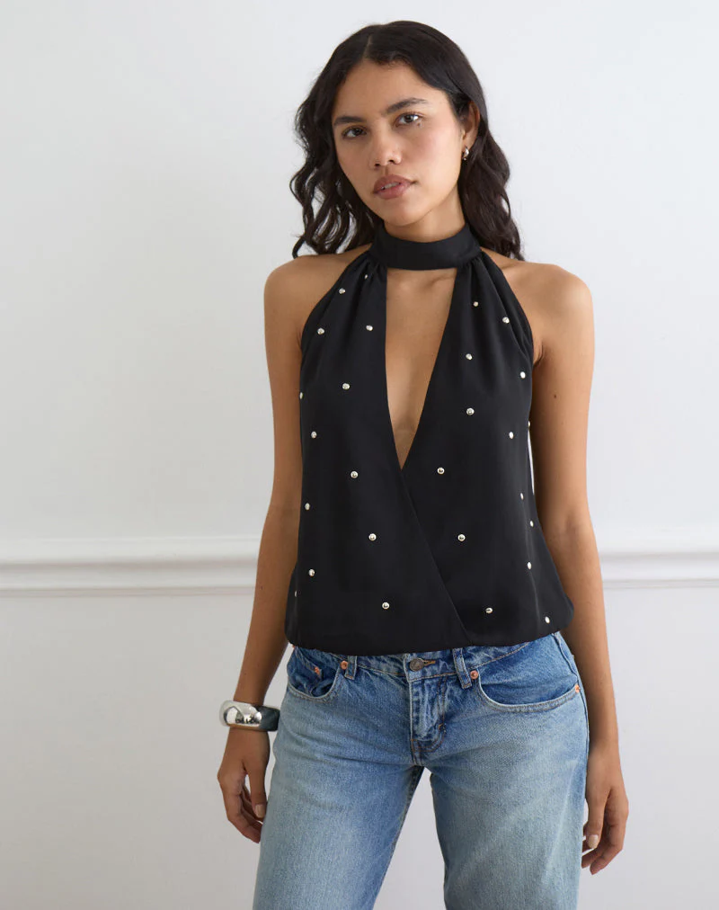 Bajo Halter Bubble Top in Chiffon Black with Studs - Image 5