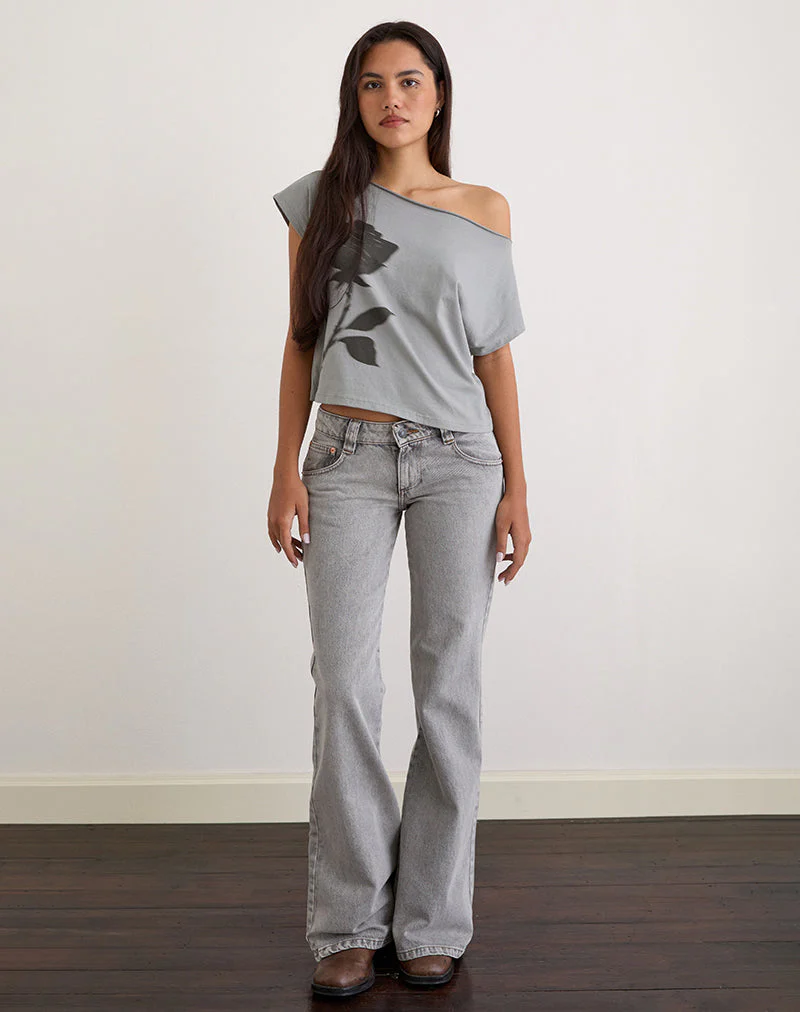 Balia Asymmetric Short Sleeve Basic Top in Grey with Blurred Rose Print - Image 3
