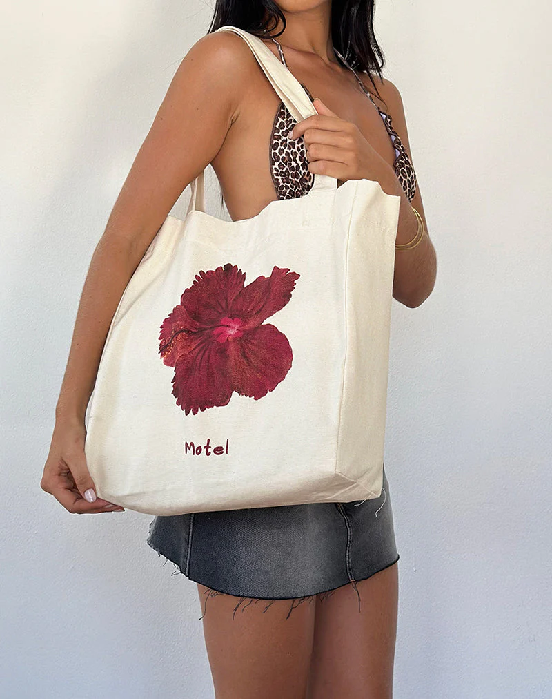 Barbara Tote Bag in Ivory with Hibiscus Print - Image 3