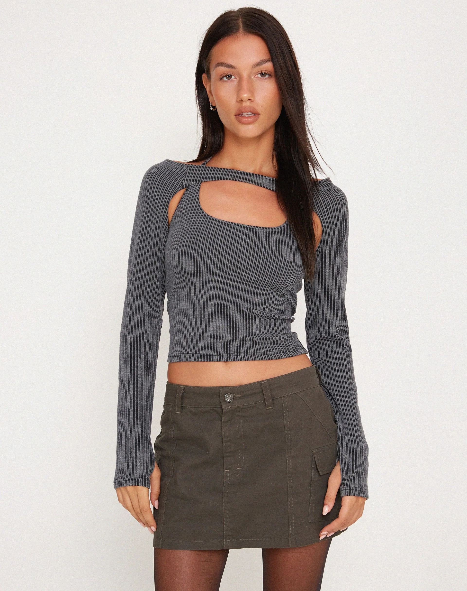 Brandy Long Sleeve Top in Two Tone Rib Charcoal - Image 5