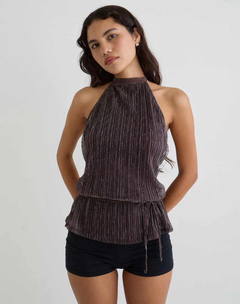 Brienne Top in Brown Shimmer Sheer Plisse - Image 3
