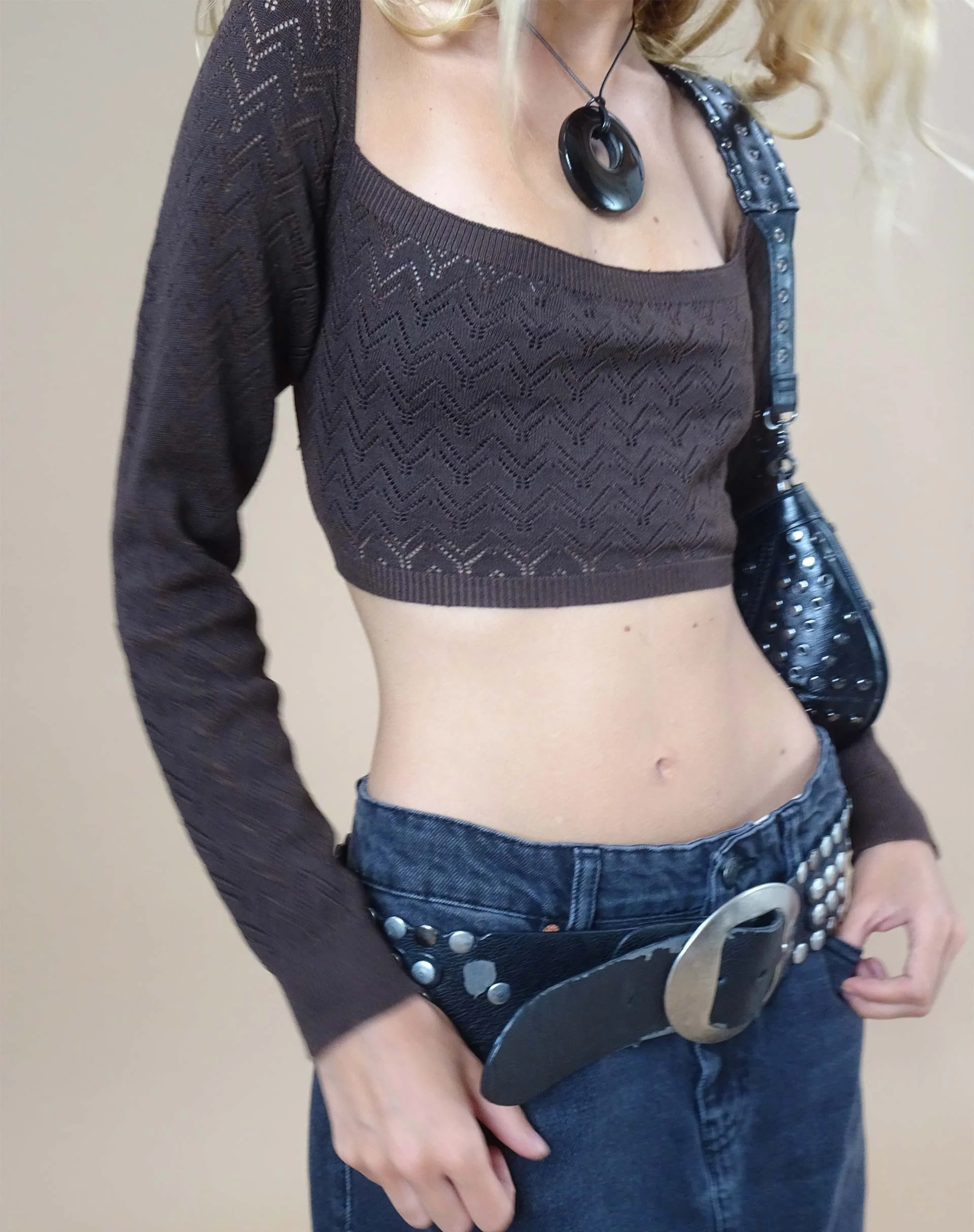 Calum Long Sleeve Top in Lightweight Pointelle Coffee - Image 2
