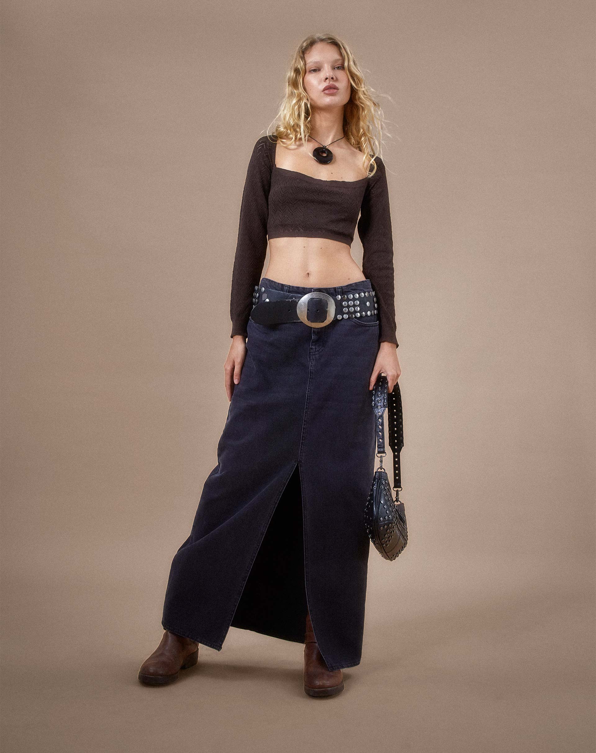 Calum Long Sleeve Top in Lightweight Pointelle Coffee - Image 3