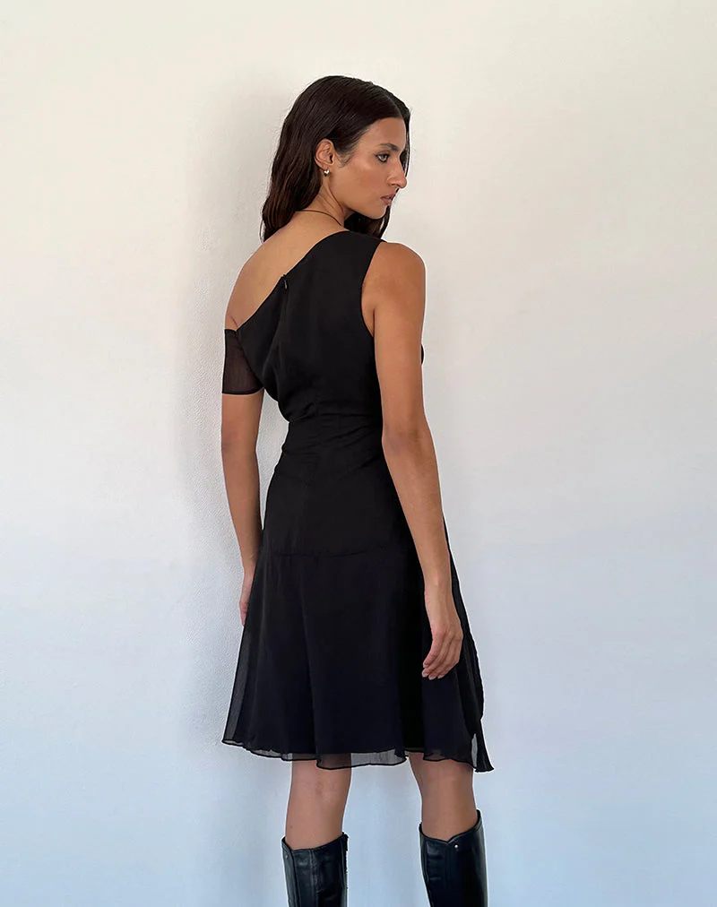 Carissa One Shoulder Chiffon Midi Dress in Black - Image 5
