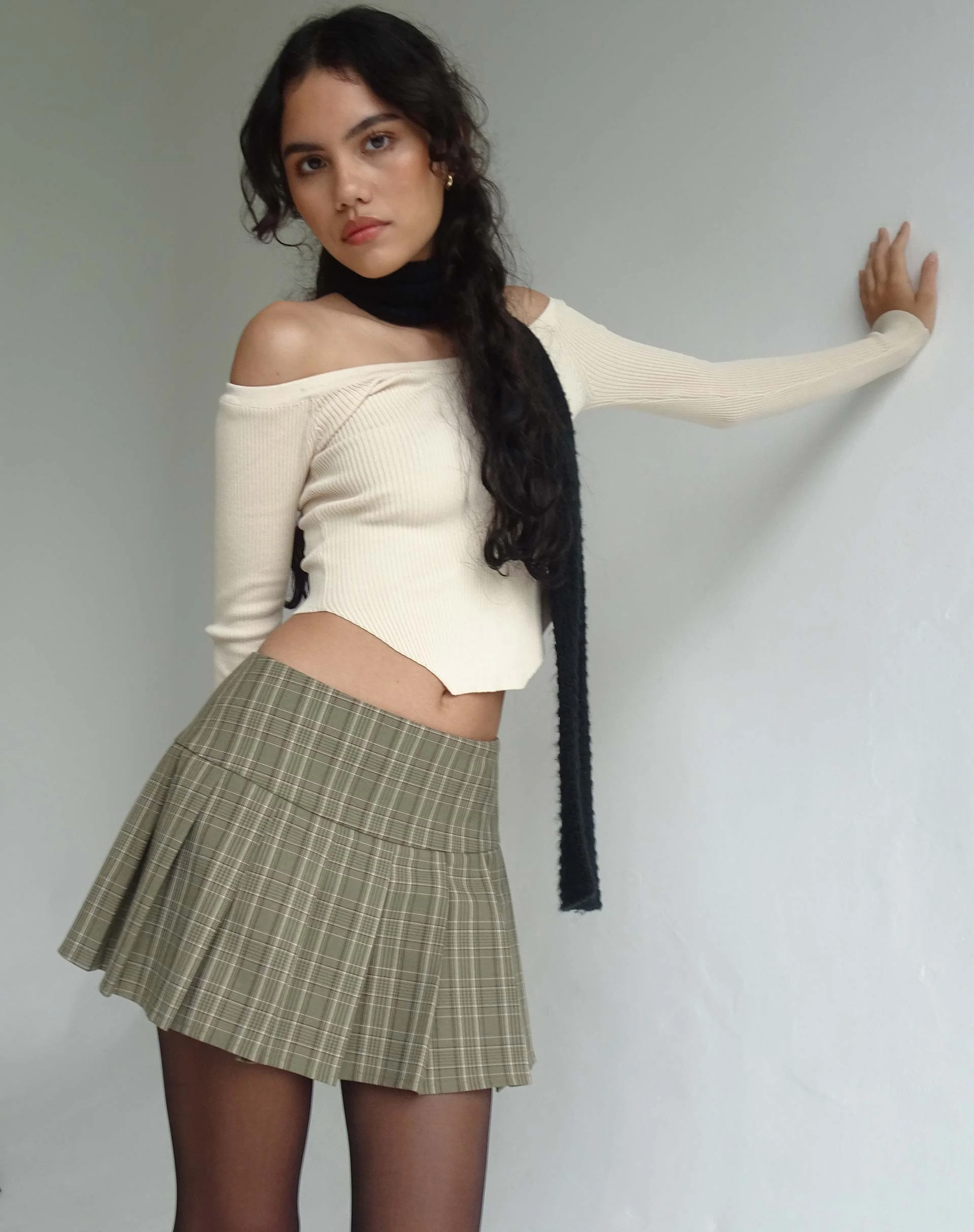 Casini Pleated Micro Skirt in Check Brown - Image 2
