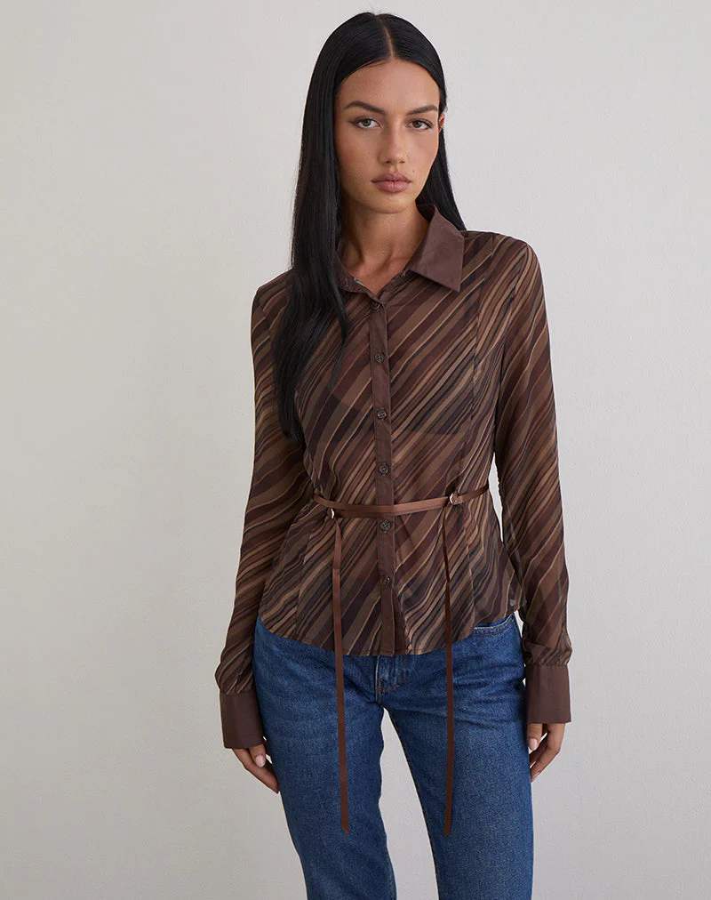 Christabel Shirt in Chiffon Mix Brown Stripe - Image 4