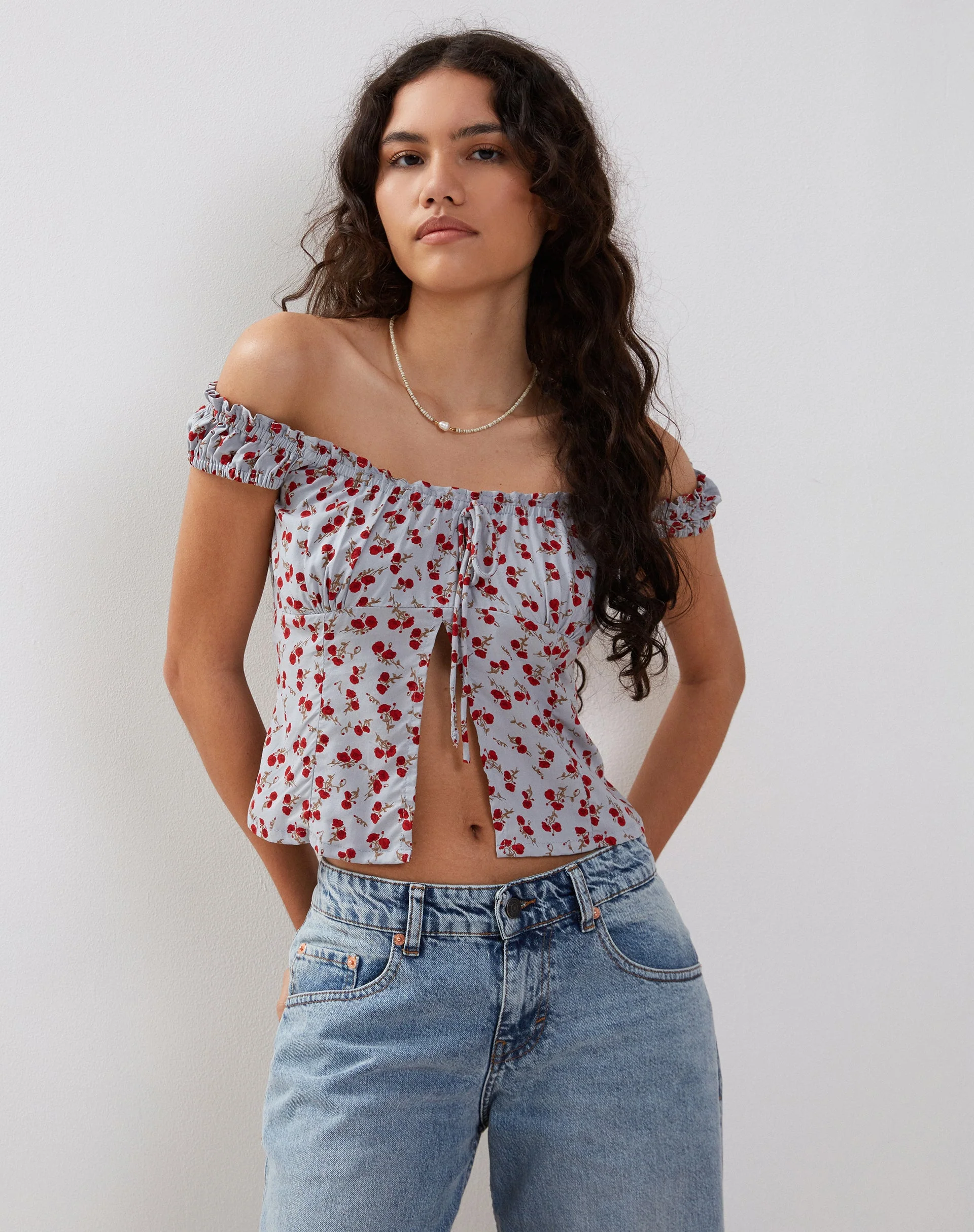 Citra Bardot Frill Top in Blue Floral Ditsy - Image 3