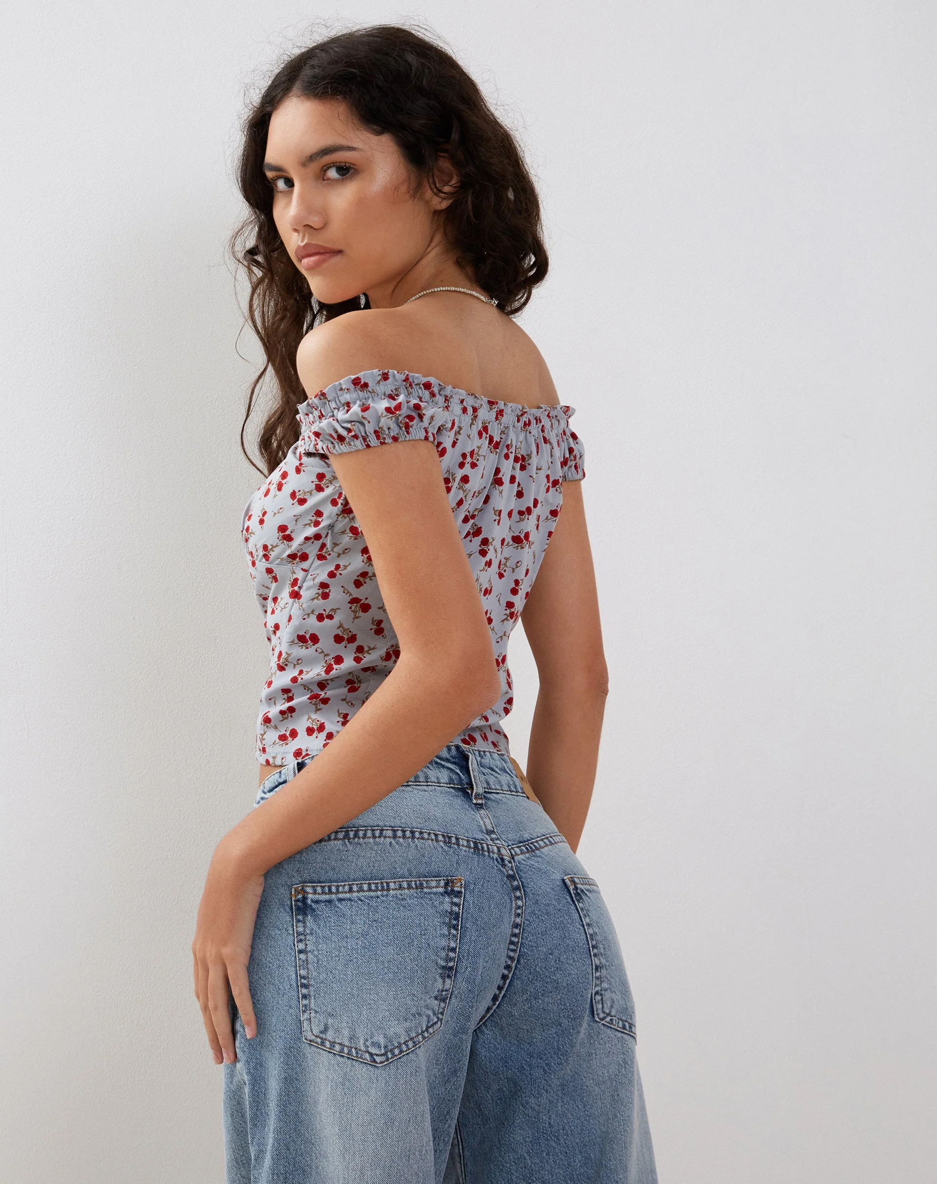 Citra Bardot Frill Top in Blue Floral Ditsy - Image 5