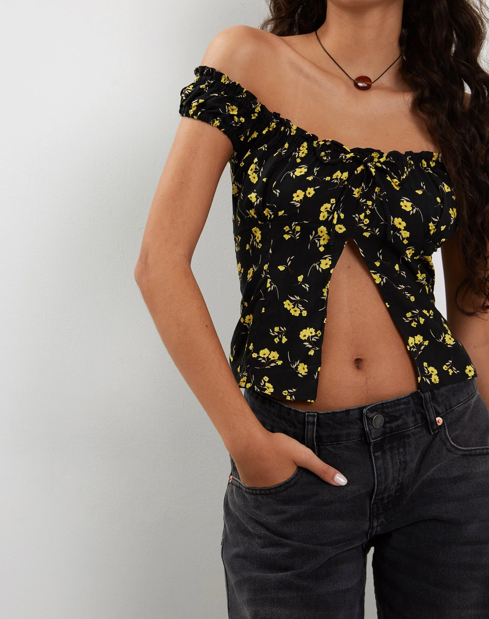 Citra Bardot Frill Top in Buttercup Black Yellow - Image 6