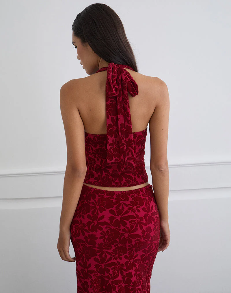 Clandy Cowl Top in Flocked Mesh Flower Cherry - Image 4