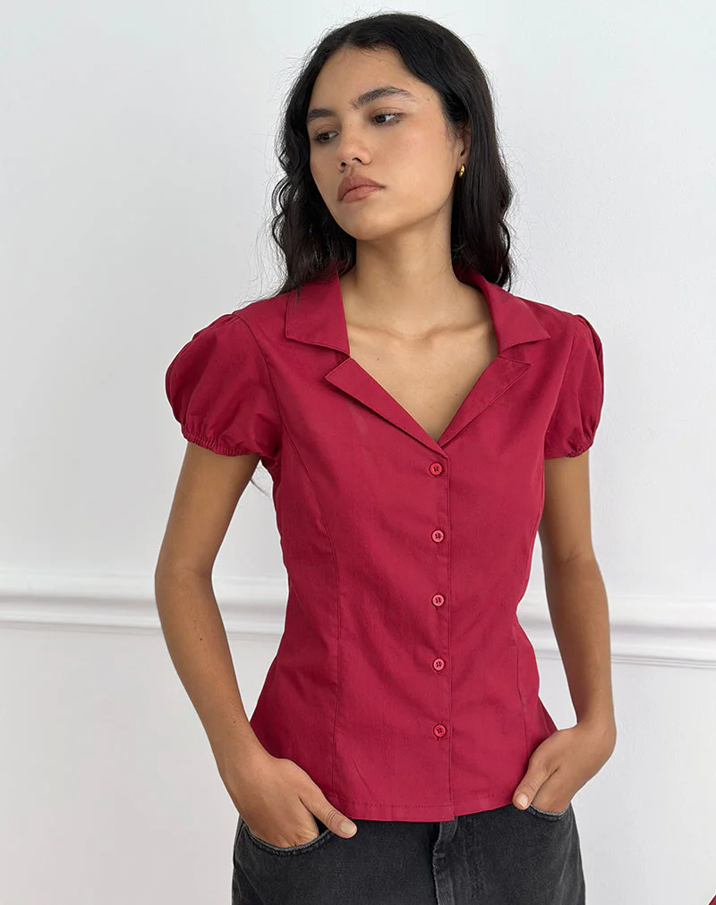 Cloma Fitted Blouse with Puff Sleeves in Adrenaline Red - Image 3