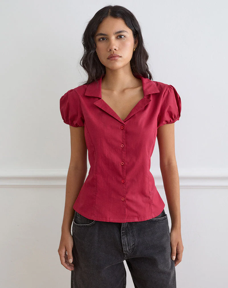 Cloma Fitted Blouse with Puff Sleeves in Adrenaline Red - Image 4