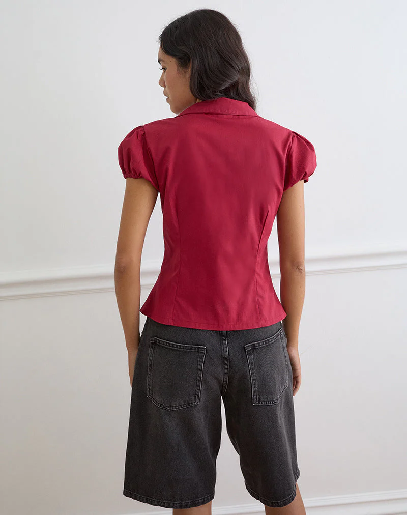 Cloma Fitted Blouse with Puff Sleeves in Adrenaline Red - Image 5