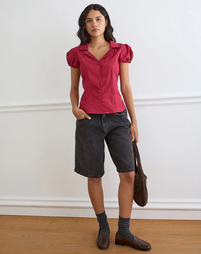 Cloma Fitted Blouse with Puff Sleeves in Adrenaline Red - Image 6