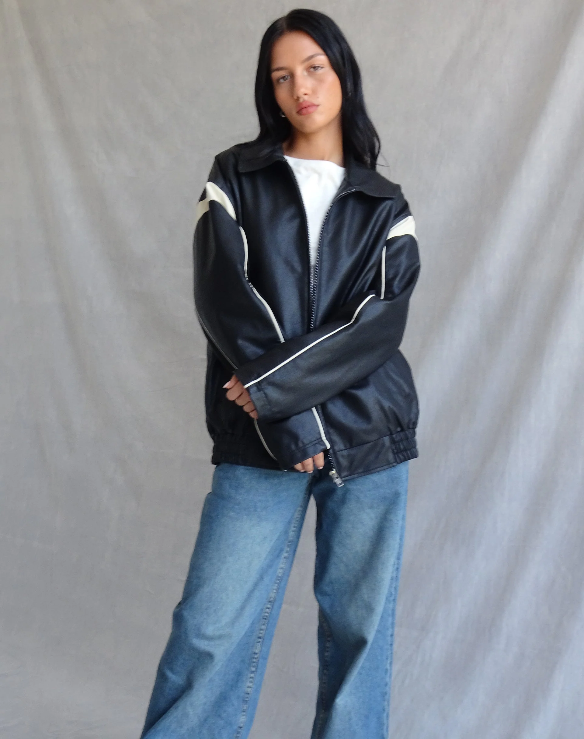Corvina PU Jacket in Black with Ivory - Image 4