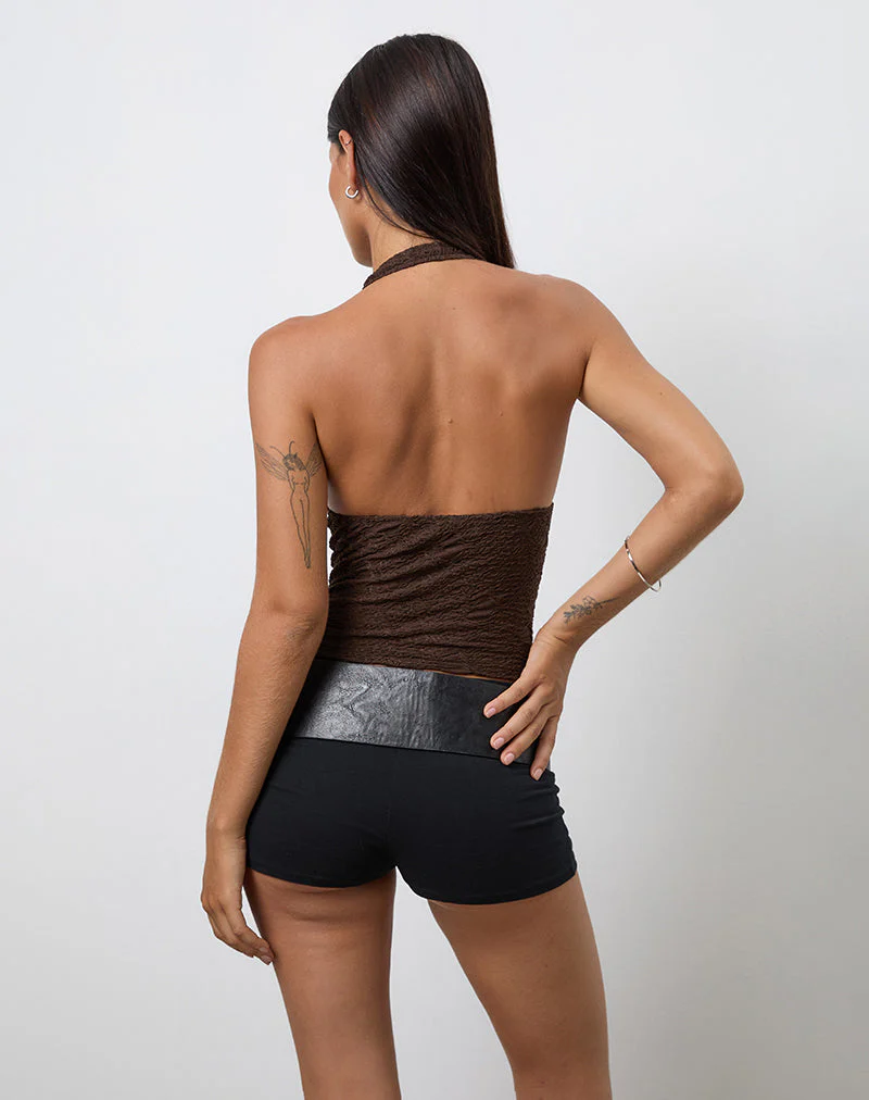 Cosimo Halter Neck Top in Textured Mesh Brown - Image 5
