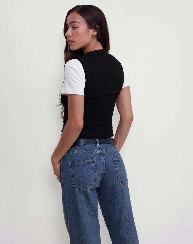 Cyna Button Through Vest Top in Black Linen - Image 3