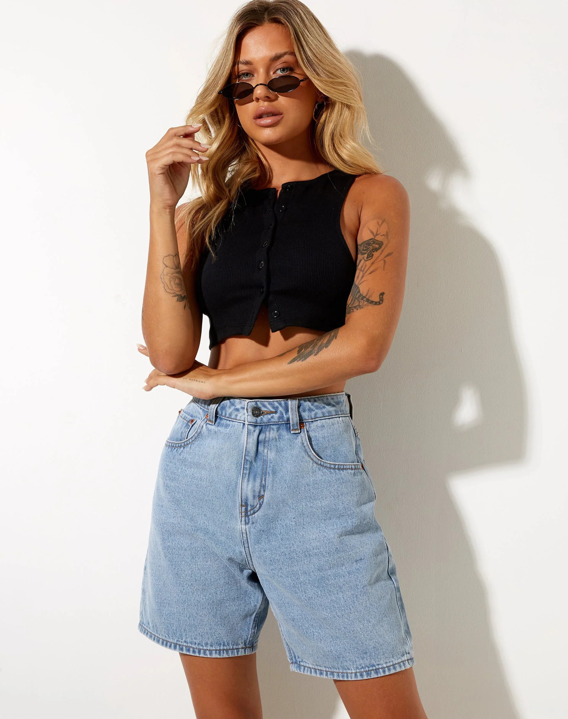 Dad Denim Shorts in Tonal Light Wash Blue - Image 2