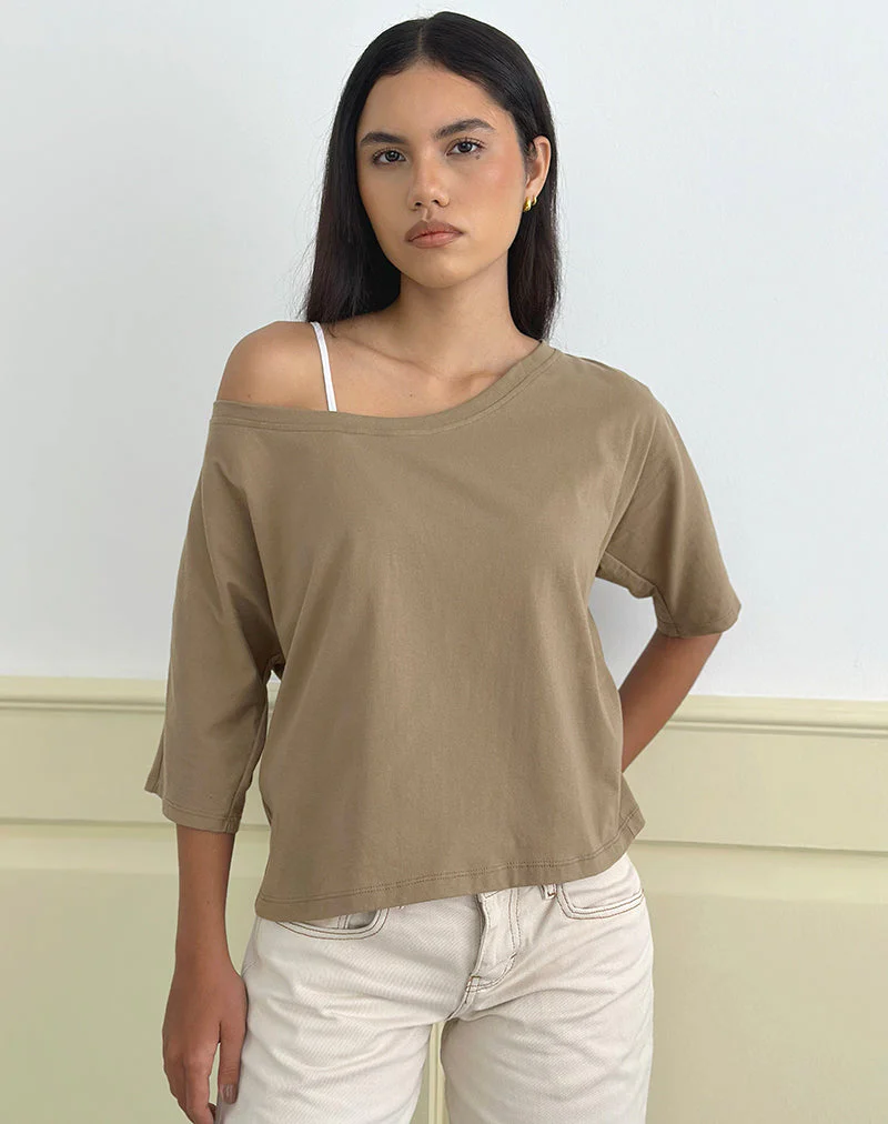Daimin Off the Shoulder Top in Jersey Khaki - Image 3