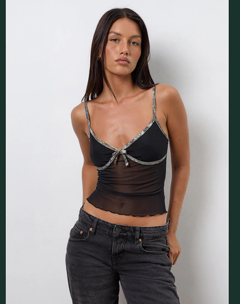 Dalan Cami Top in Black Mesh with Forest Camo Trim - Image 3