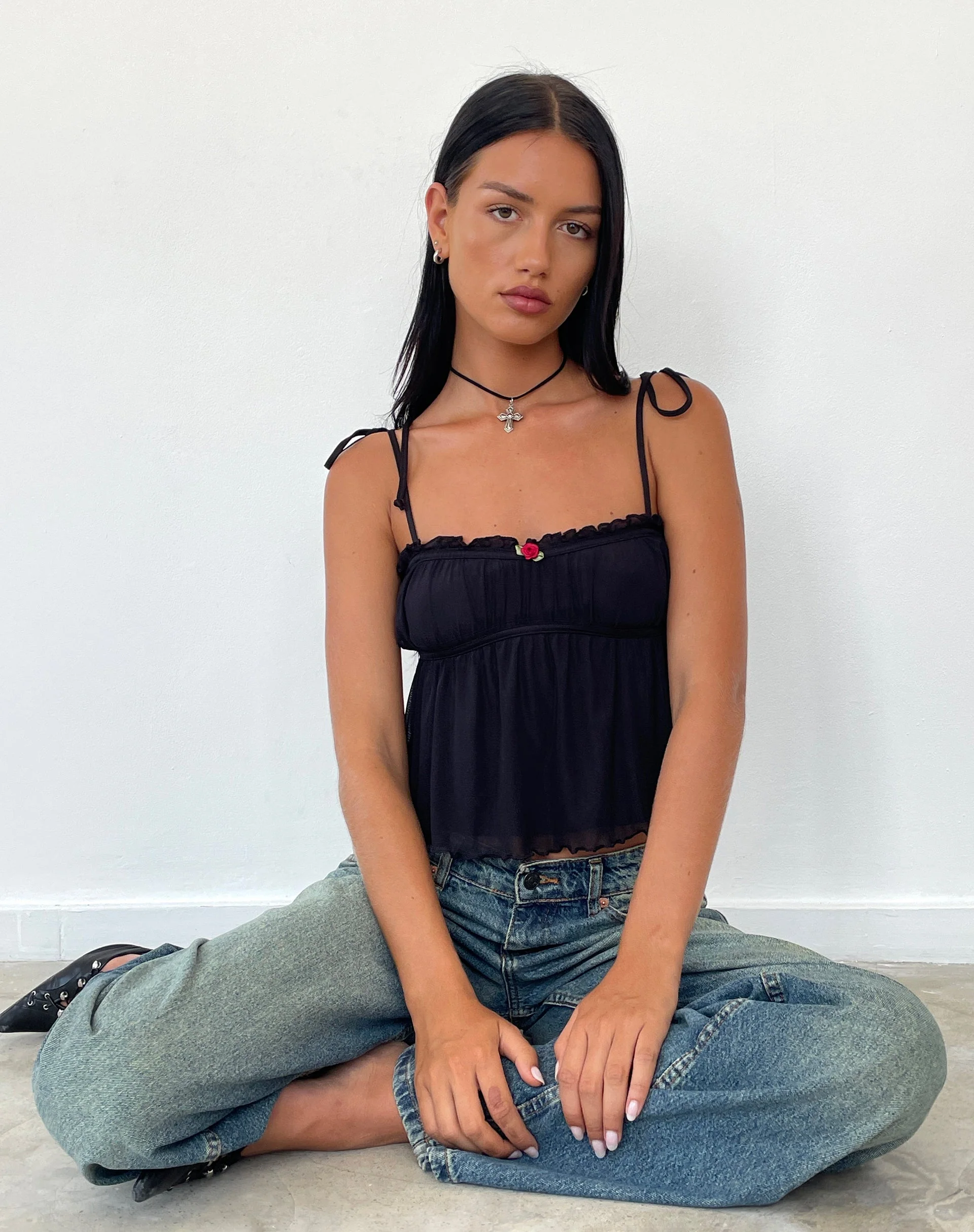 Damaris Cami Top in Black with Black Binding - Image 2