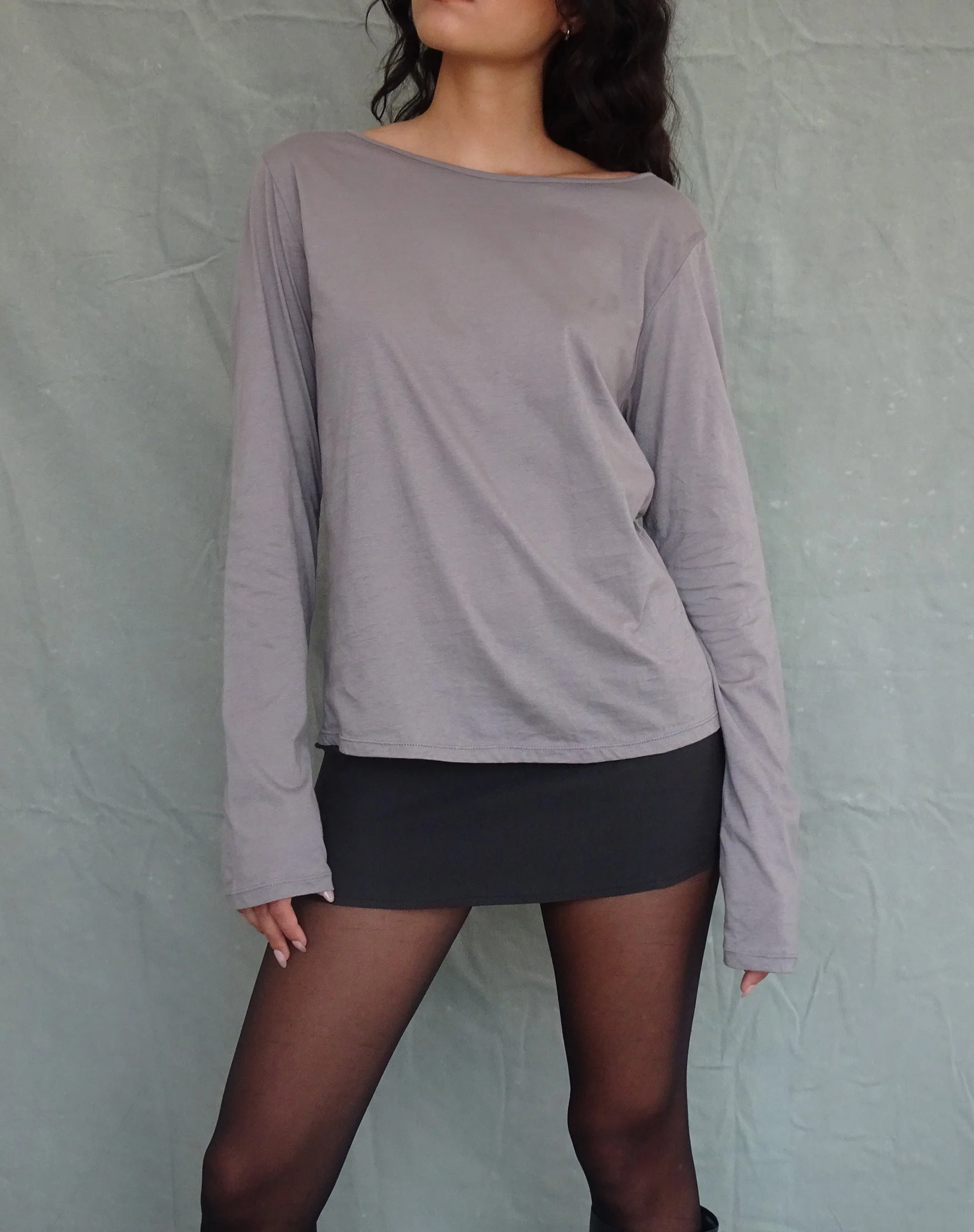 Damon Baggy Long Sleeve Top in Elephant Grey Tissue Jersey - Image 2