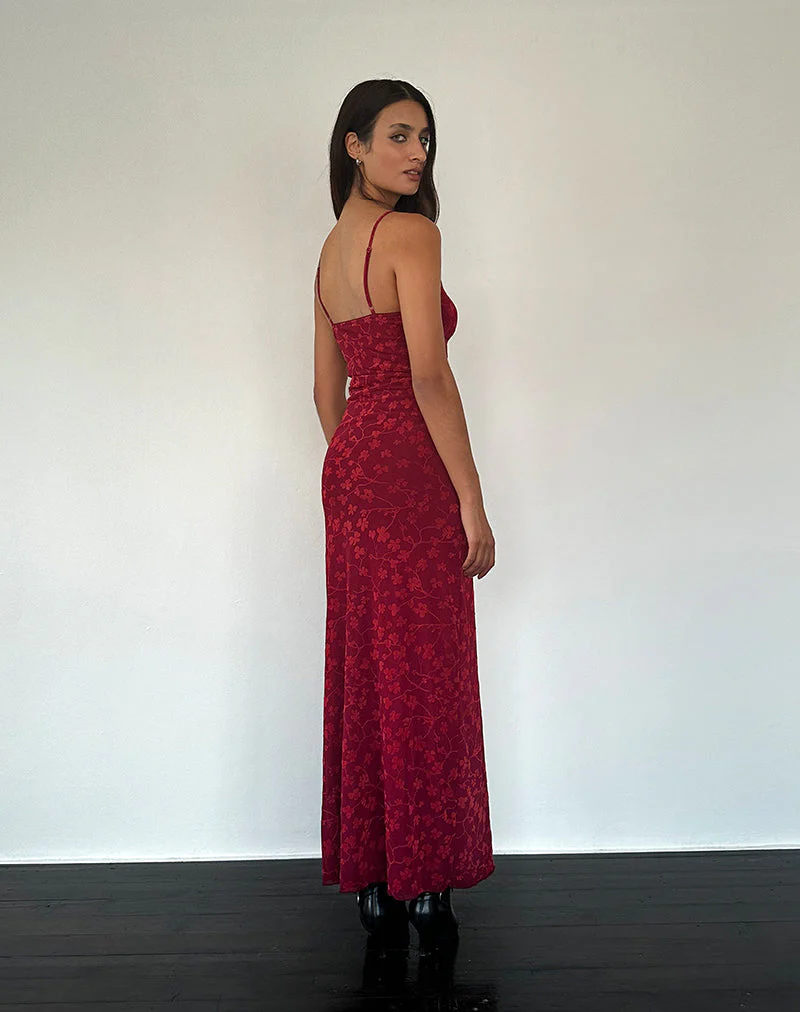 Darsih Cami Maxi Dress Red Grunge Floral Flock - Image 2