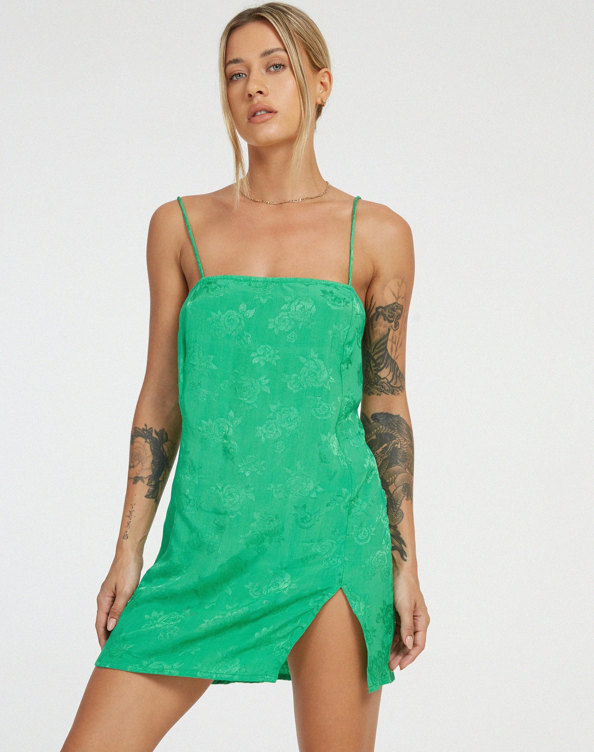 Datista Mini Dress in Satin Rose Jade Green - Image 4