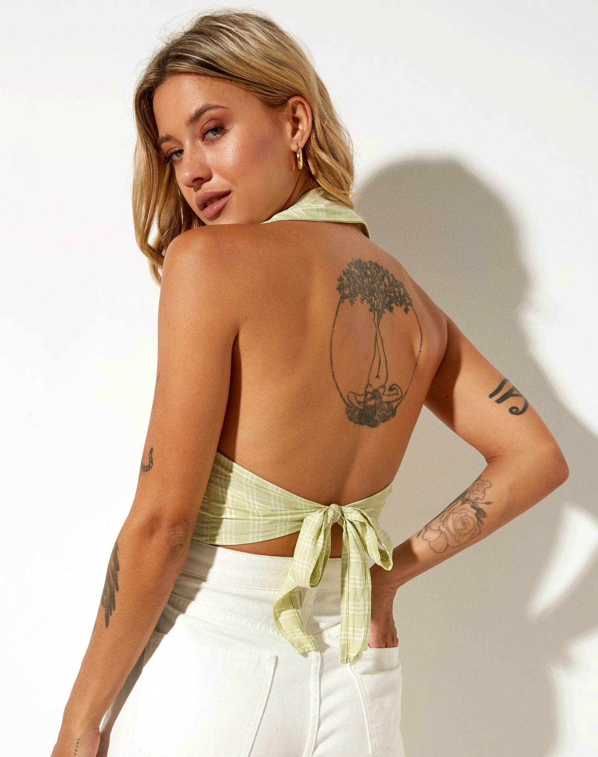 Datri Crop Top in Sage Check - Image 2